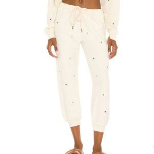 THE GREAT The Sherpa Sweatpant Embroidered Joggers Cream Cropped 2